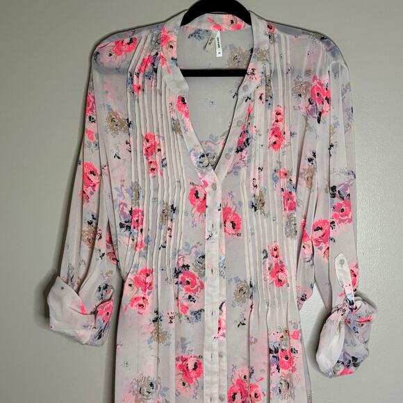 Truth‎ NYC Women V-Neck Cream Floral Long Sleeve Sheer Blouse Plus Size 3XL - Picture 2 of 8